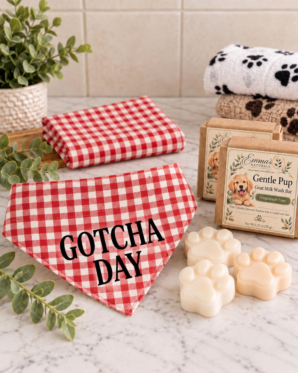 Gotcha Day Dog Gift Box, Personalized Puppy Bandana & Goat Milk Soap Set, Pet Adoption Gift, Sensitive Skin Dog Shampoo Bar Care Kit