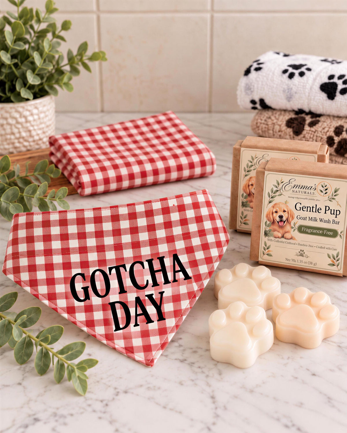 Gotcha Day Gift, Personalized Puppy Bandana | Goat Milk Soap Trio | Sensitive Skin, Small-XL Bundle