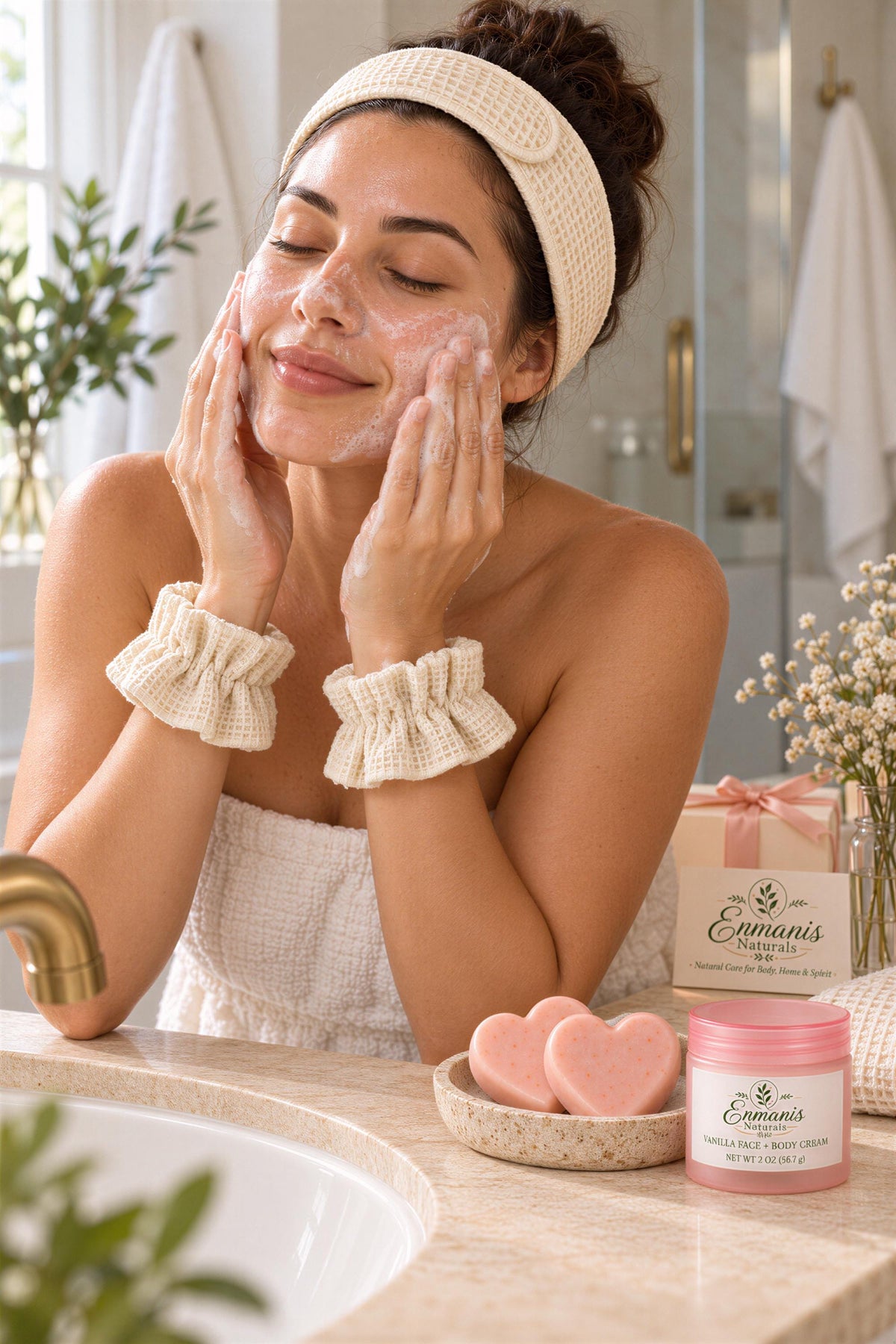 Emmaris Naturals Spa Gift Set | Rice Vanilla Soap, Cream, Cotton Headband (Gift Box)