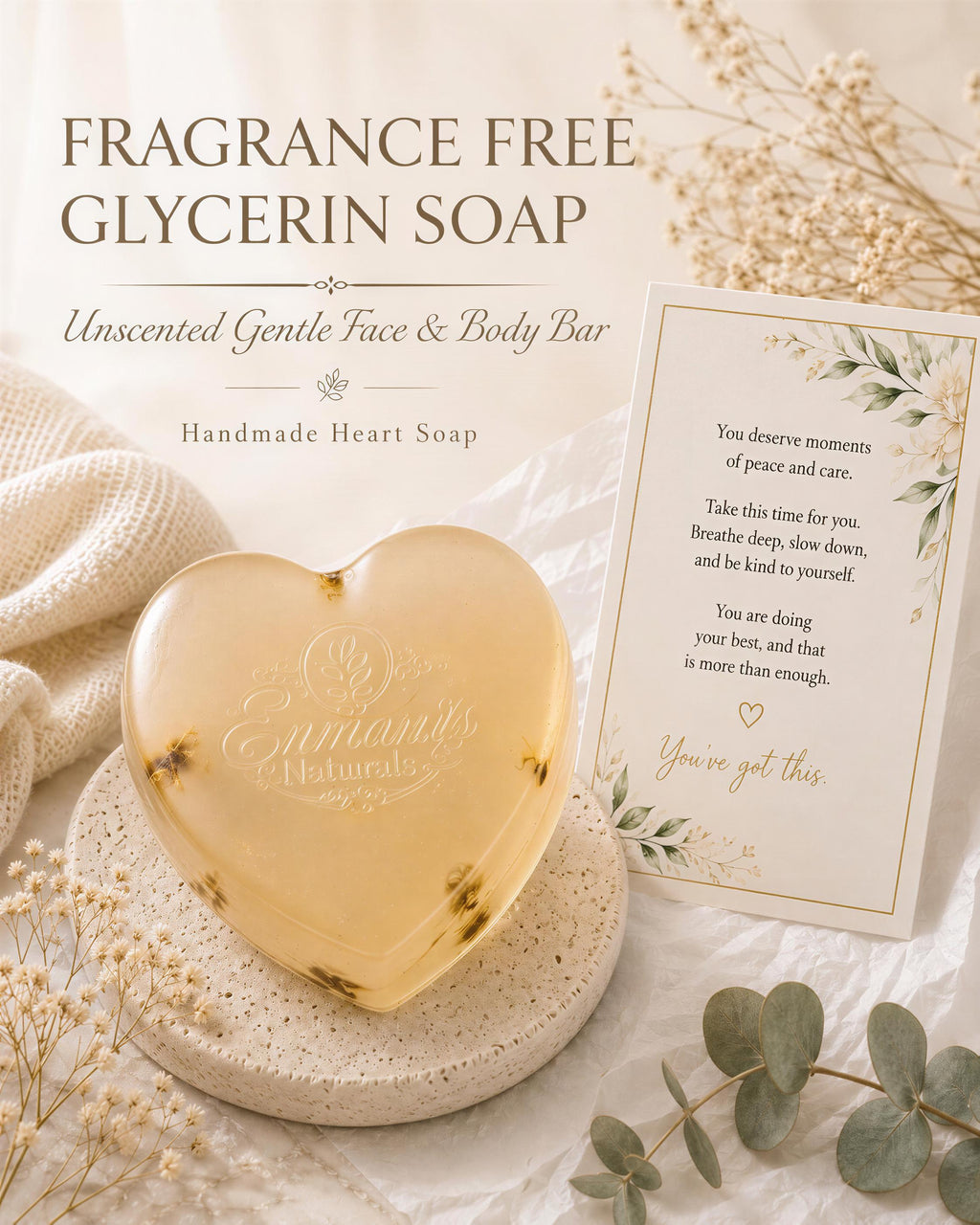 Fragrance Free Soap - Heart-Shaped Glycerin Bar | Sensitive Skin | Handmade Cleanser | Daily Care