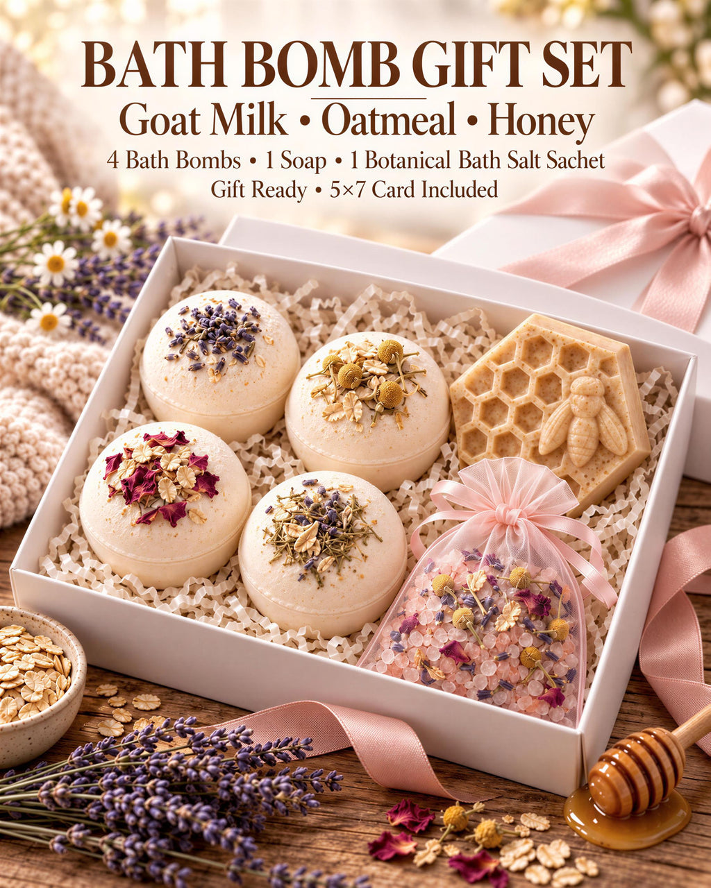 Golden Calm Bath Bomb Gift Set with Soap & Salt Sachet (4 Bath Bombs)
