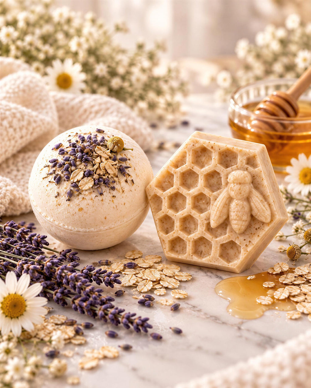 Golden Calm Bath Bomb Gift Set with Soap & Salt Sachet (4 Bath Bombs)