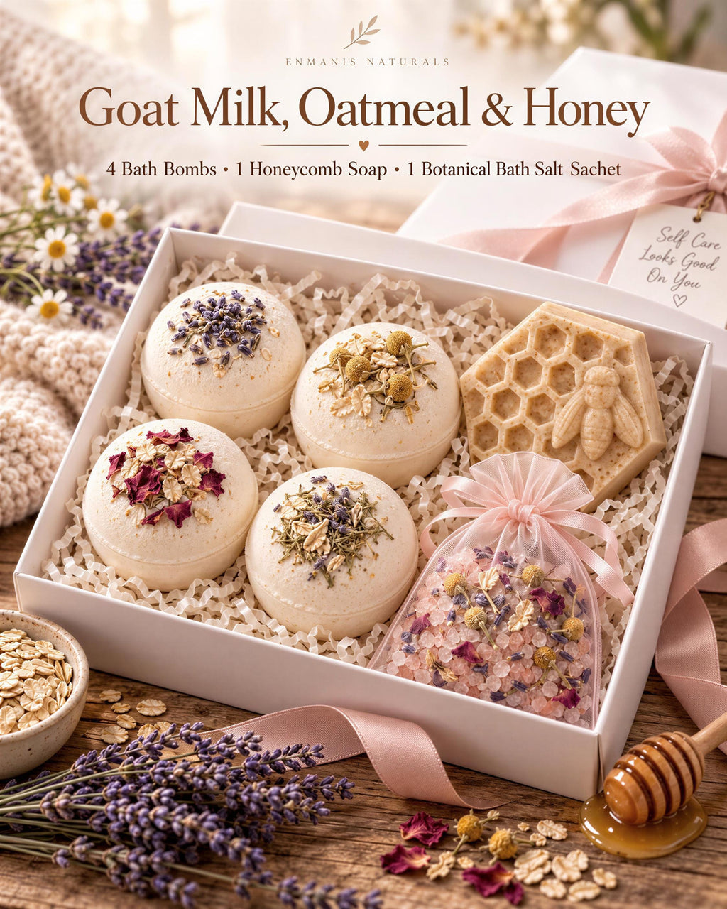 Golden Calm Bath Bomb Gift Set with Soap & Salt Sachet (4 Bath Bombs)