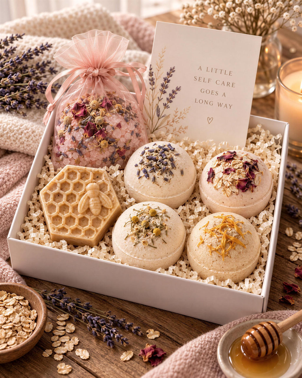 Golden Calm Bath Bomb Gift Set with Soap & Salt Sachet (4 Bath Bombs)