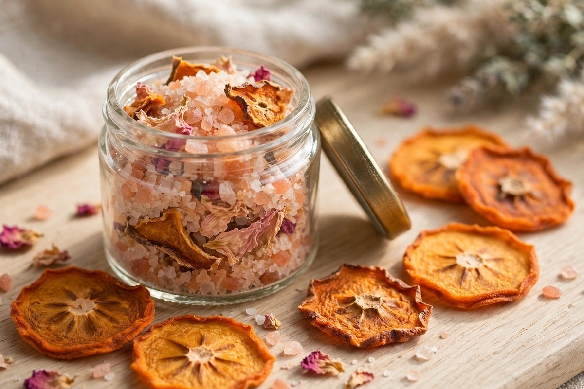 Bath salts with dehydrated persimmon pieces