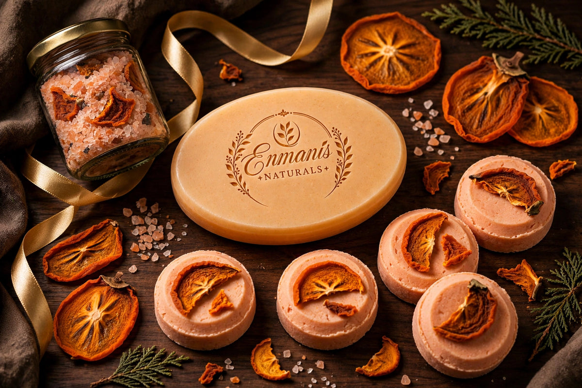 Flat lay of luxury persimmon shower steamers, soap and bath salts