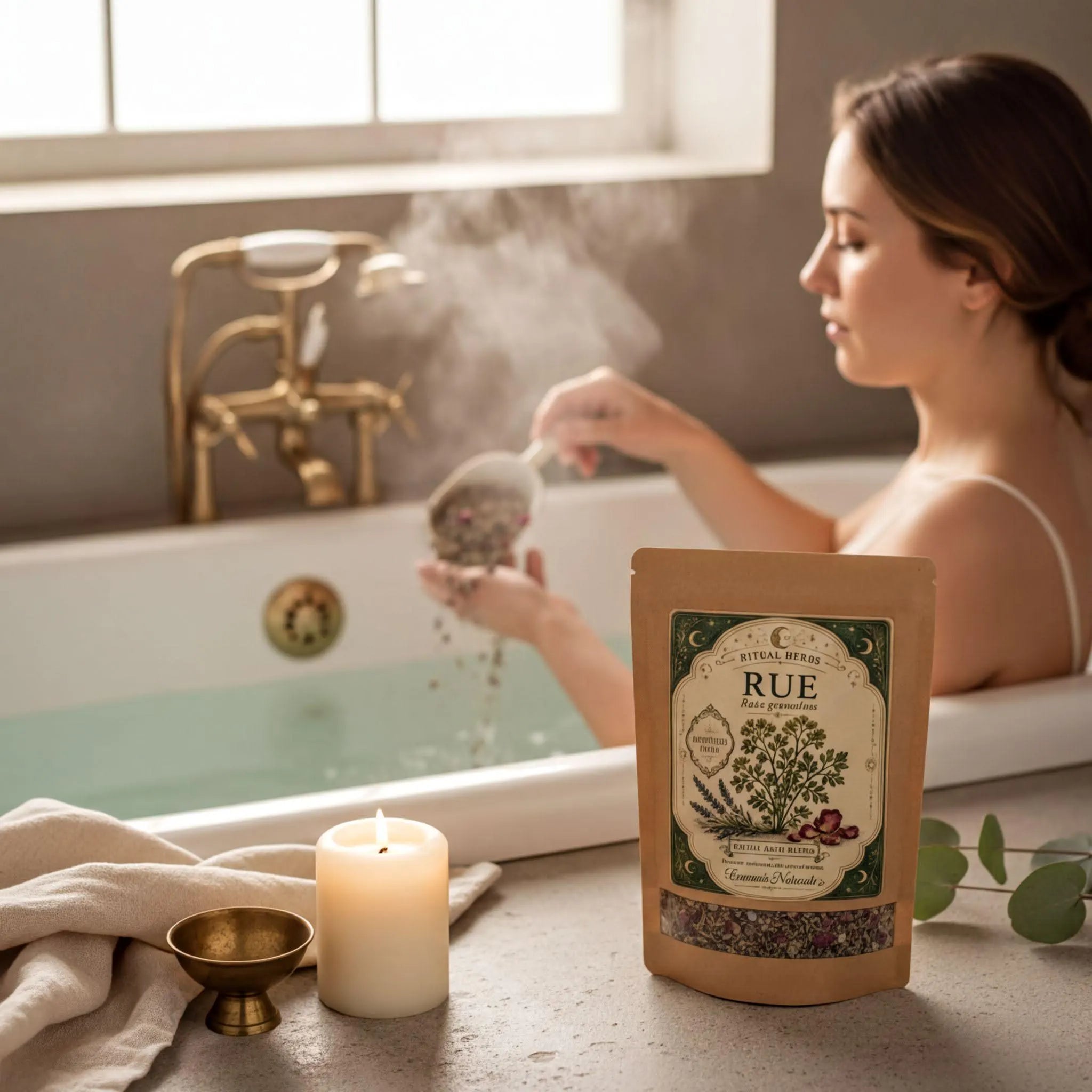 A woman is relaxing in a bathtub, surrounded by a candle, a bowl, and a bag of herbs, likely herbs for a bath.