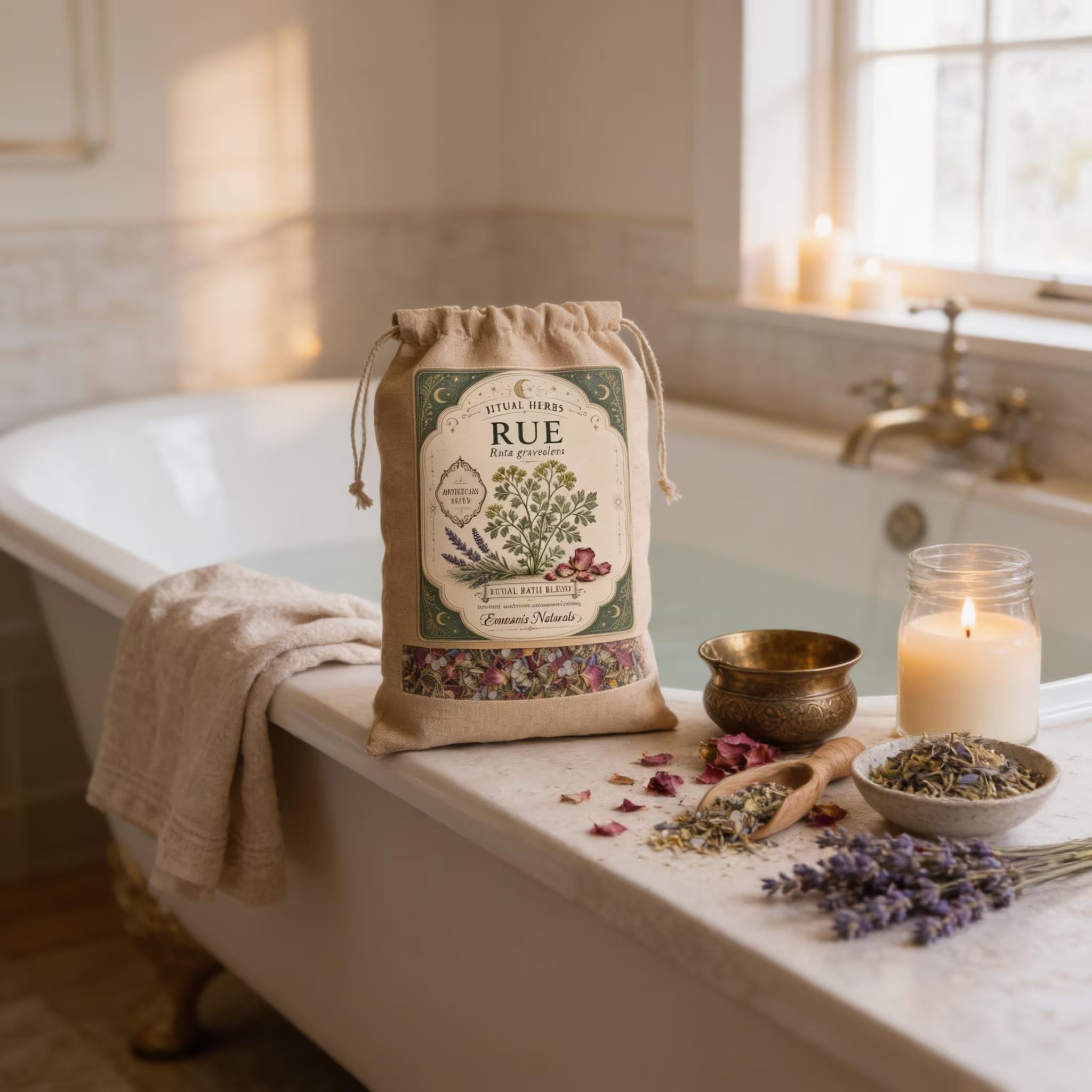a beige bag of herbs placed on a white countertop next to a bathtub, with a candle, a bowl of herbs, and a towel nearby.