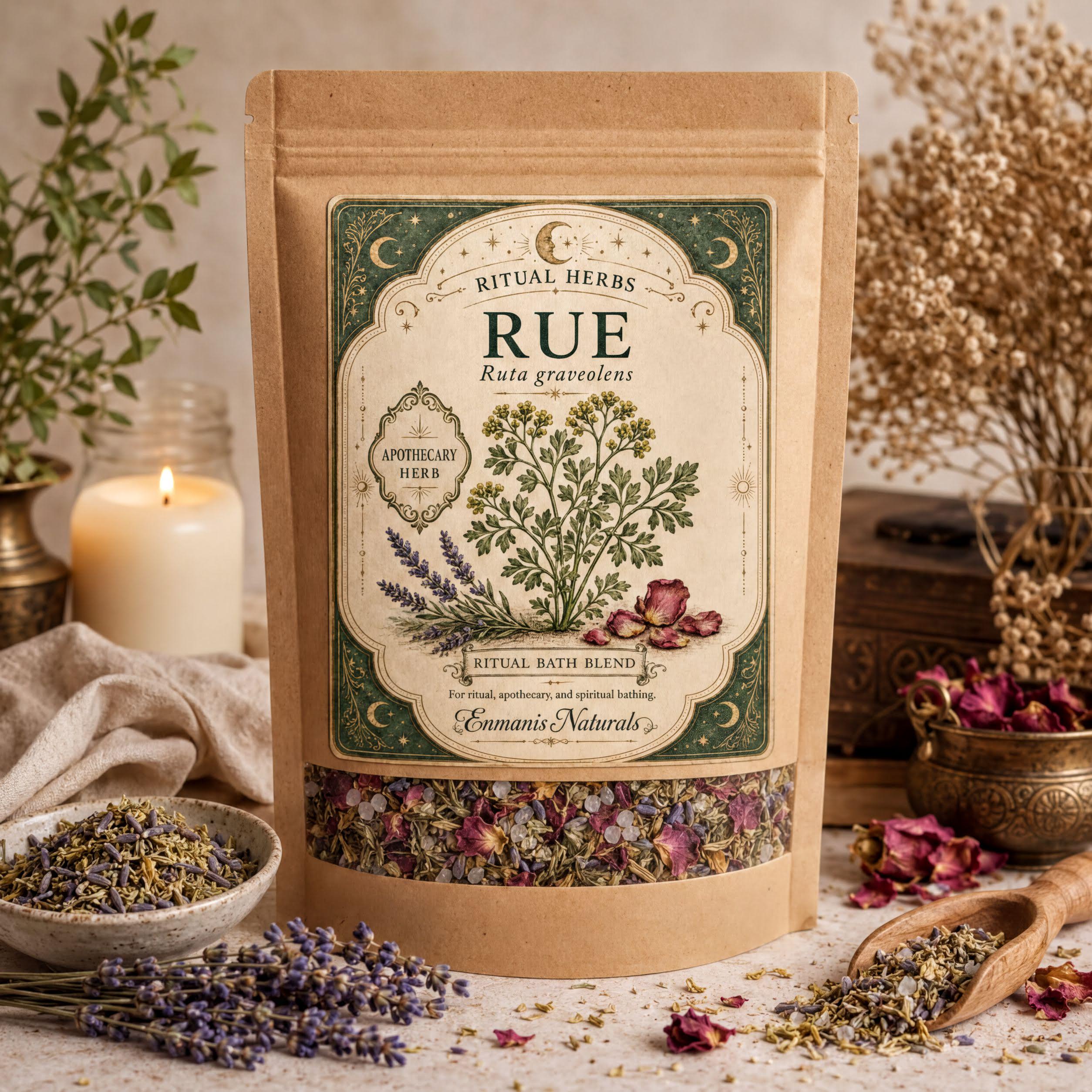 a package of "RU" herbal blend, surrounded by various natural ingredients and decorative elements such as a candle, flowers, and a wooden bowl.