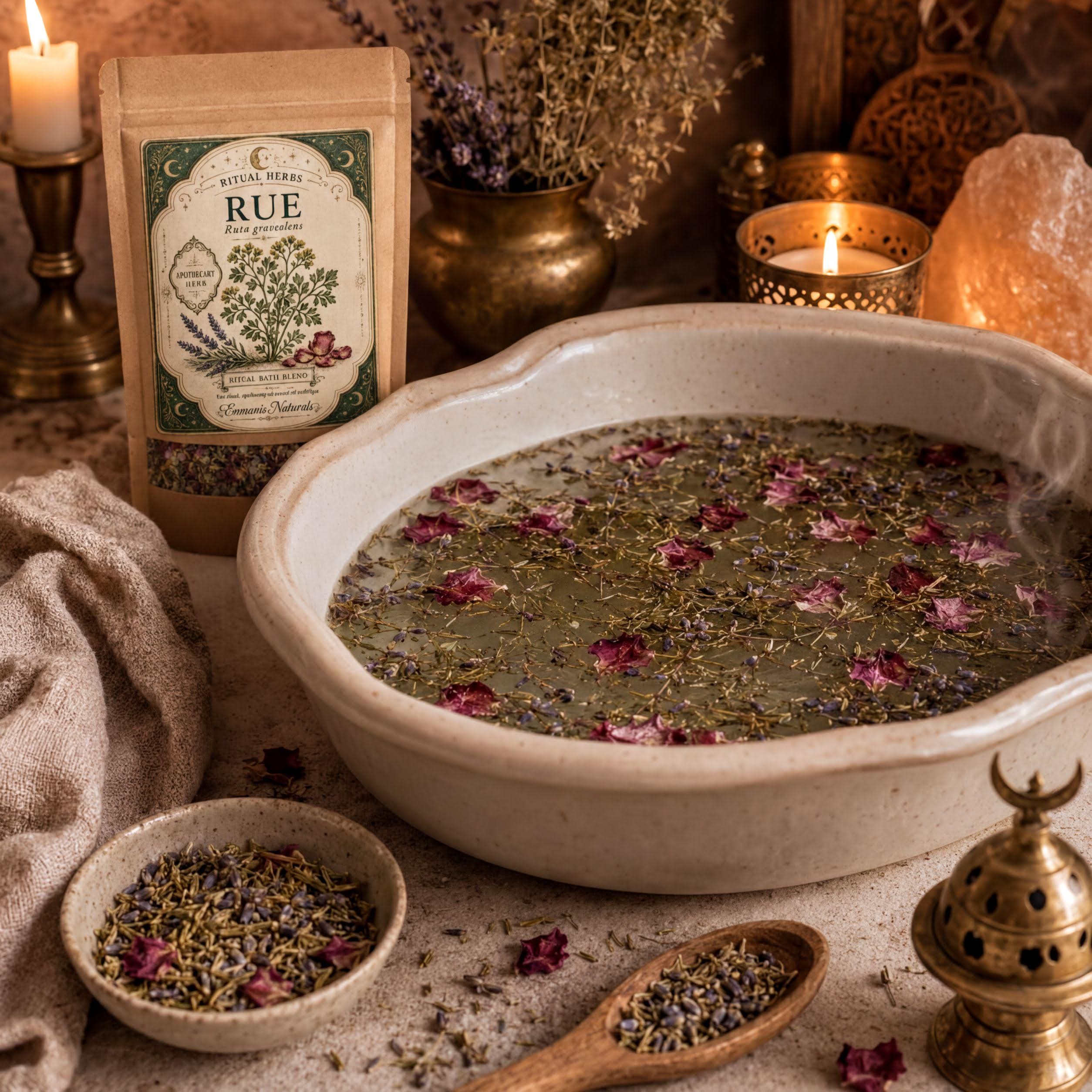 a bowl of water with floating rose petals, surrounded by various herbs and spices, including a bag of herbs and a candle.